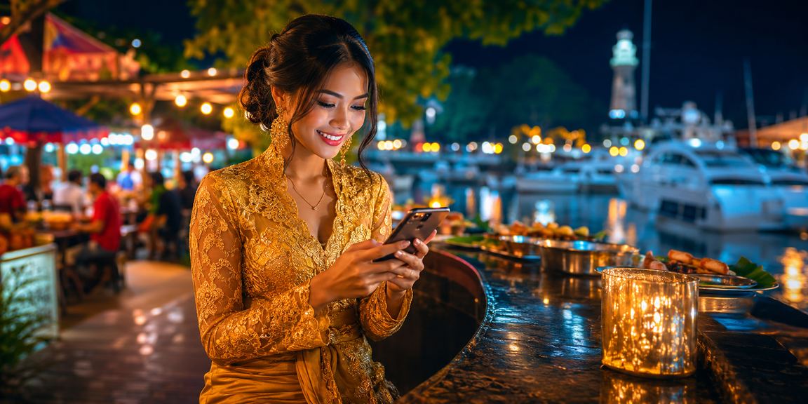 Pengguna berbaju kebaya di Langkawi mengakses panel VIP 25000 melalui telefon pintar